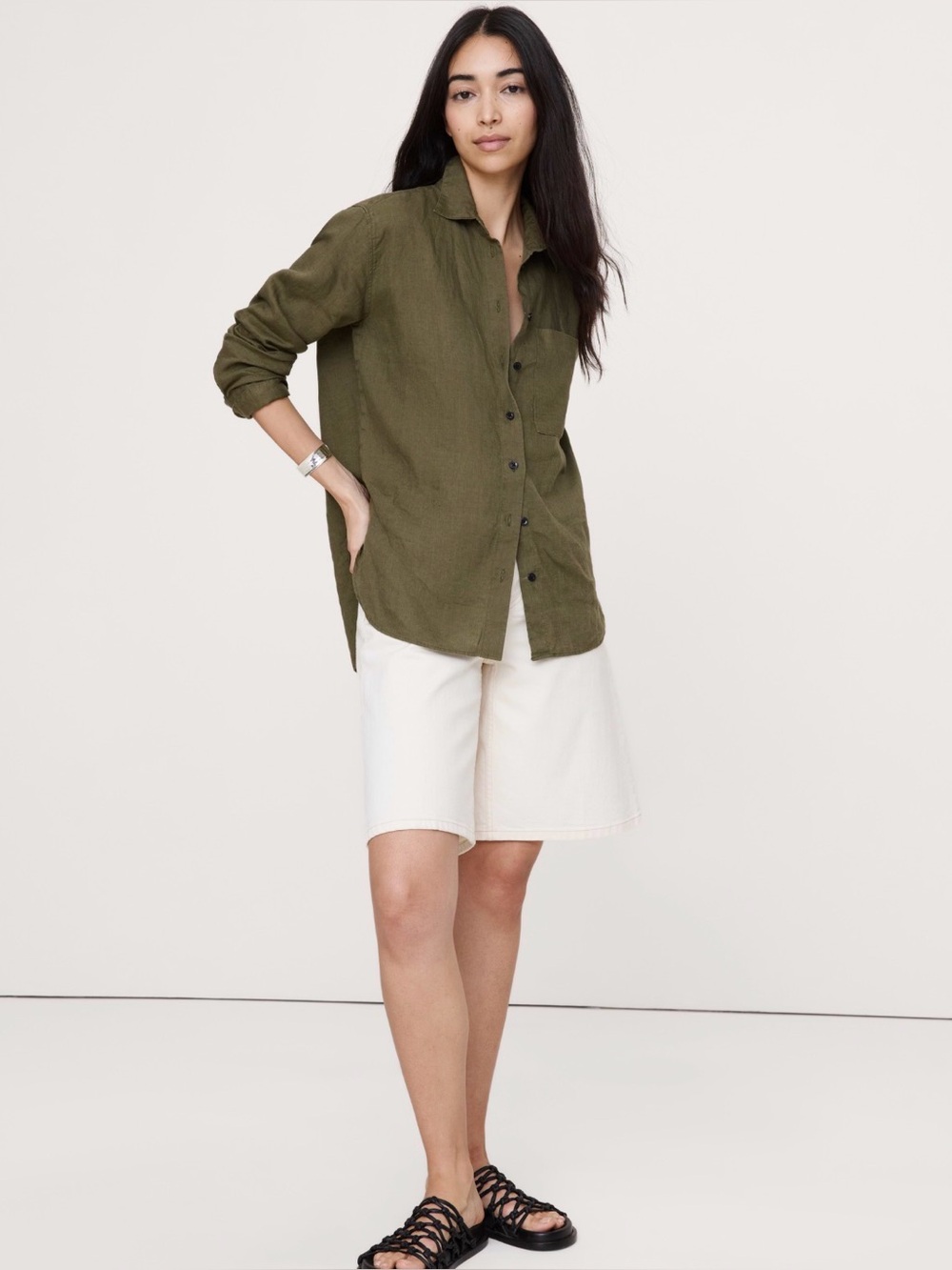 NWT Banana Republic The Oversized Fresh Olive Green Linen Shirt Sz XXS (#875218)